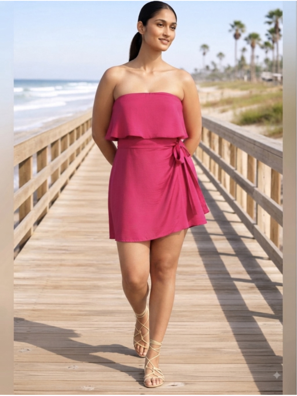 If By Sea Hot Pink Strapless Ruffle Wrap Romper Size XL Vacation Beachy Chic